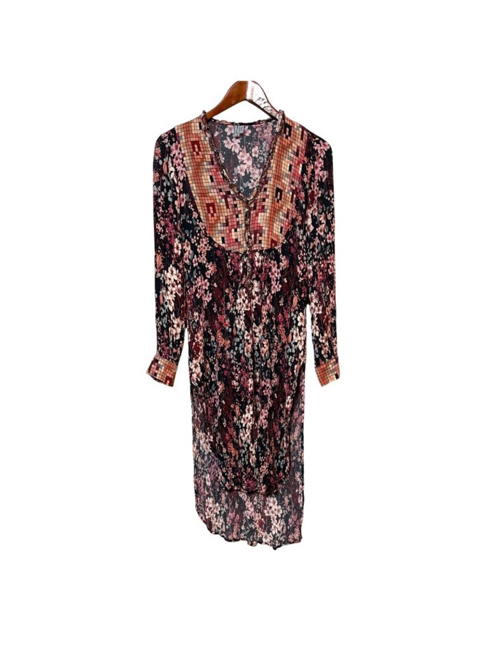 Boho Floral Midi Dress By Blank London Medium V-Neck Long Sleeve  Multicolor